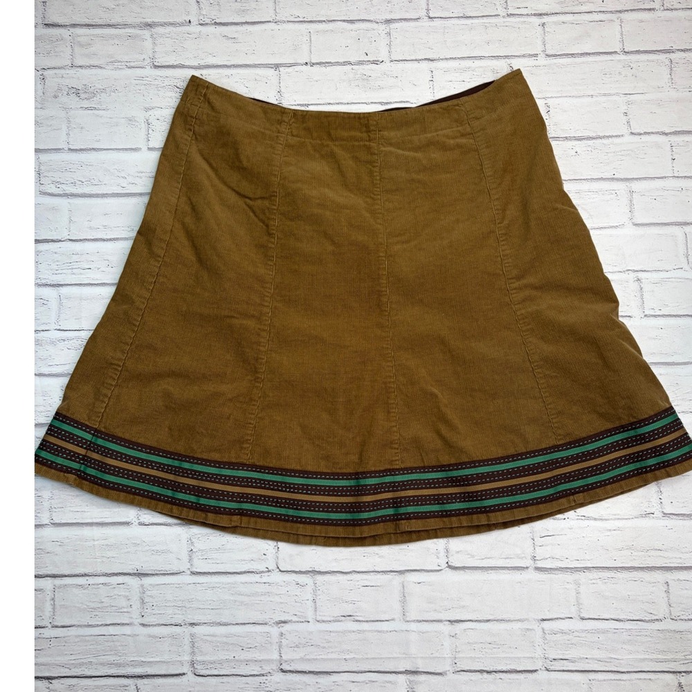 Boden Brown Corduroy A-Line Skirt Ribbon Trim Tan Green 18R boho retro